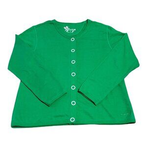 Three Hearts Cardigan Womens XL Green Terry Snap Sweater Embroidery Minimalist